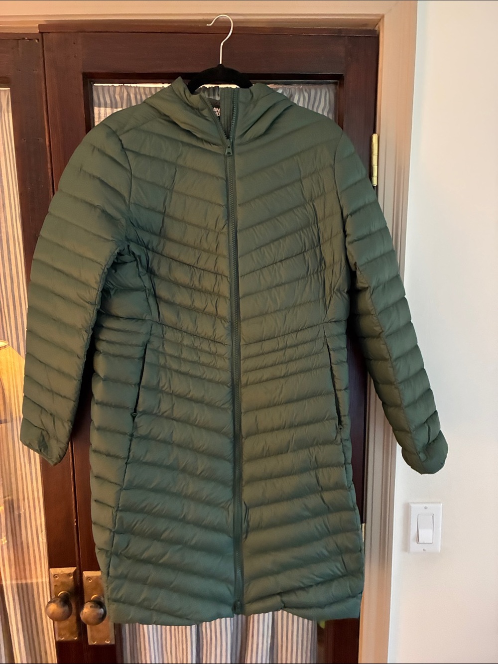 Lands' End Olive Green Long Hooded Quilted Puffer Coat